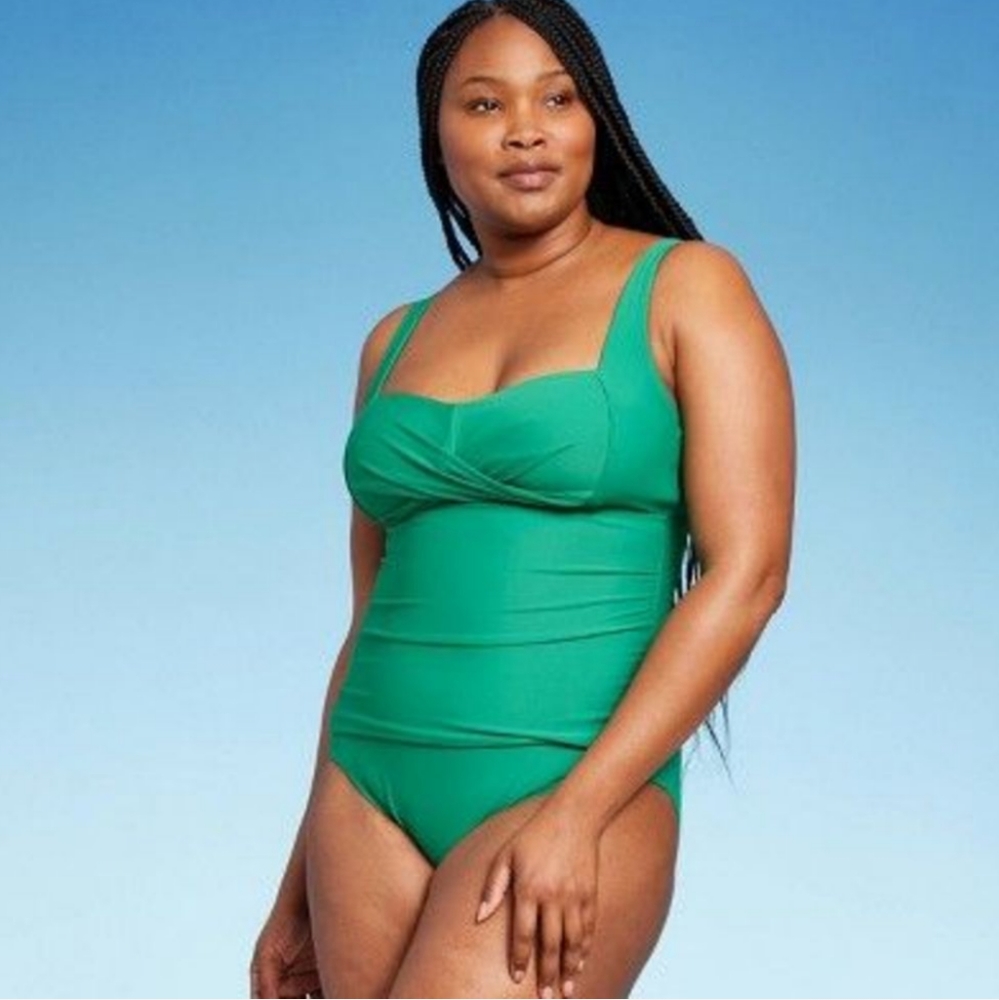 NEW Kona Sol Twist-Front Square Neck Full Coverage One Piece Swimsuit Green - Picture 4 of 7